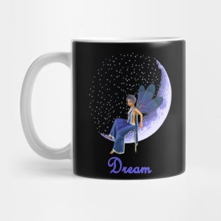 Fairy faerie elf sitting on sickle moon with stars saying dream Mug